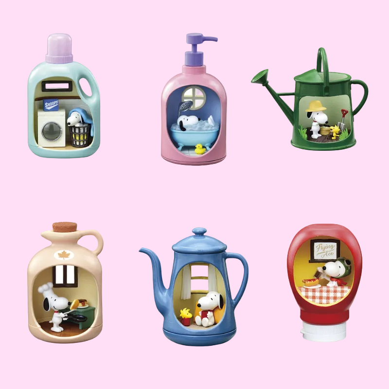 Re-Ment Snoopy blind box collection showing all six miniature bottle designs - Overrated Korean Beauty & More