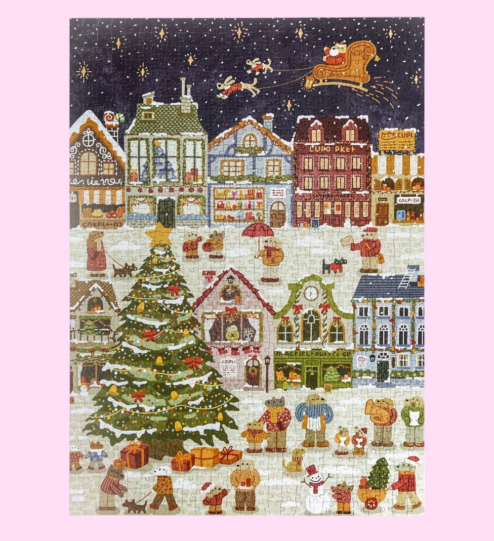 1000 piece jigsaw puzzle Robotime Puppies winter village artwork - Overrated Korean Beauty & More