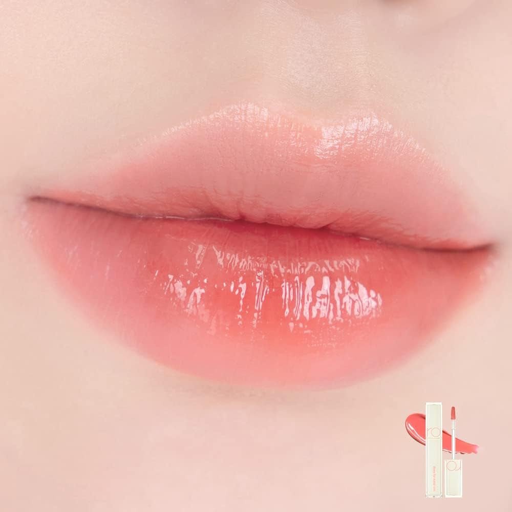 Romand Dewyful Water Tint Cotton Melba lip swatch peachy pink - Overrated Korean Beauty & More
