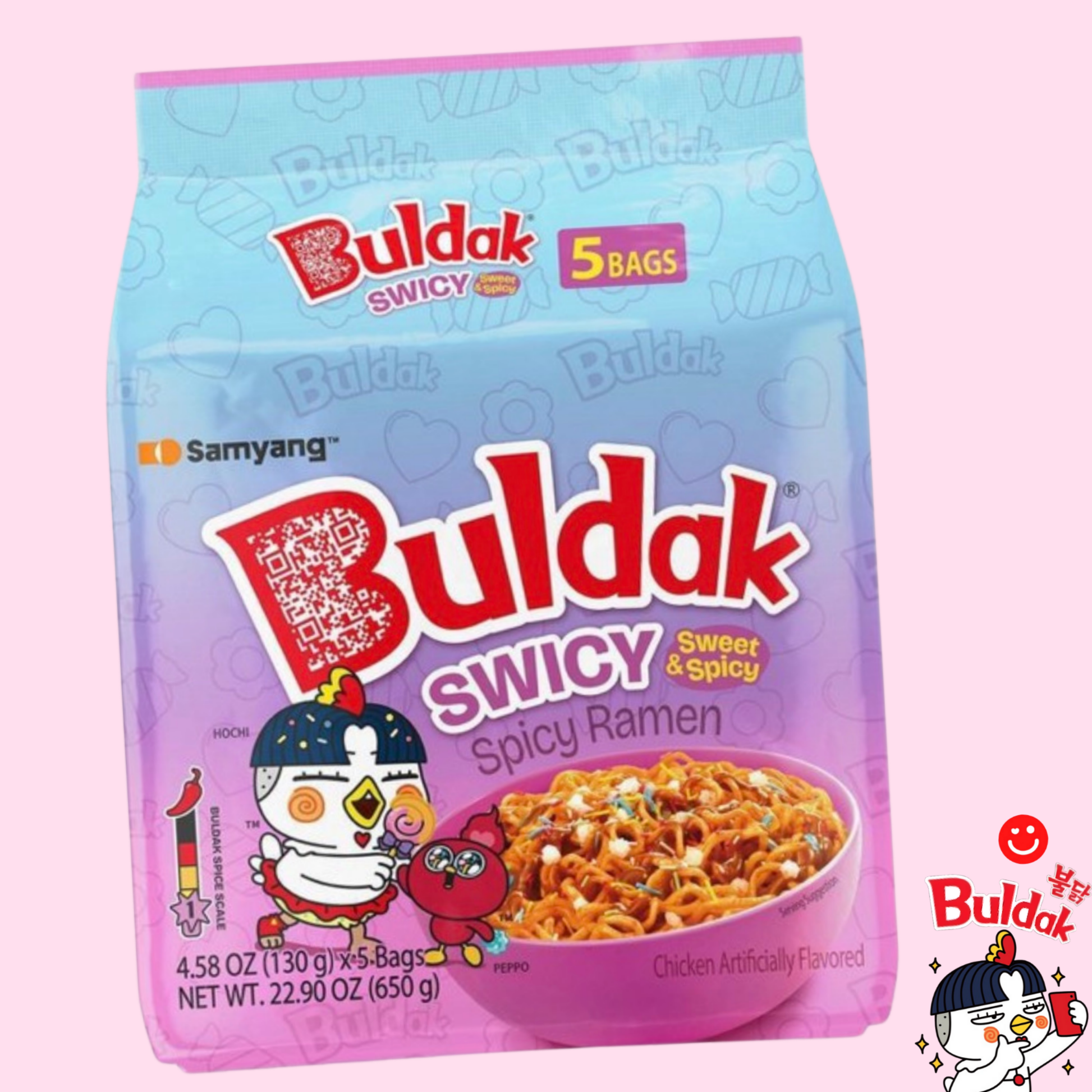 Samyang Buldak Swicy ramen package front view sweet spicy Korean hot chicken noodles - Overrated Korean Beauty & More