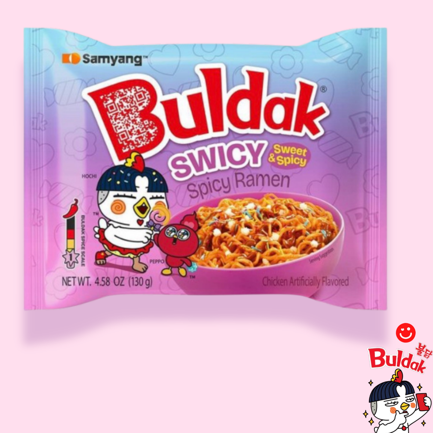 Samyang Buldak Swicy ramen pink packaging two packs side by side Korea import - Overrated Korean Beauty & More