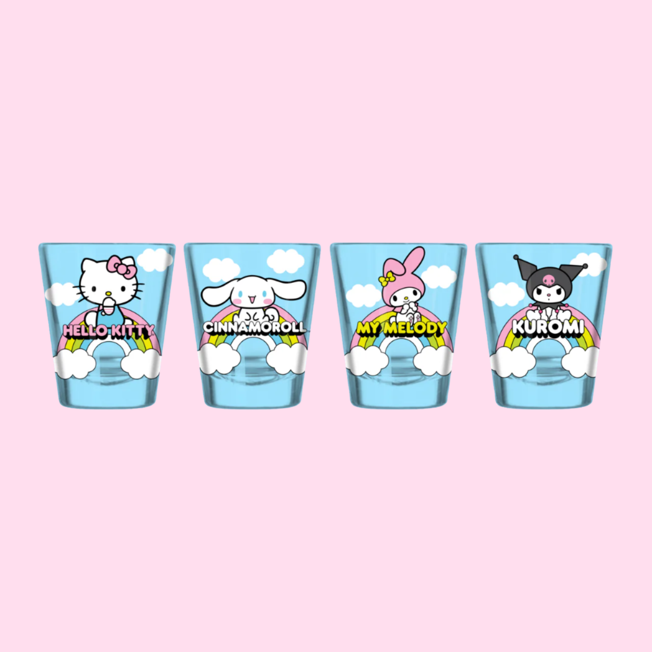 Sanrio Characters Sitting On Rainbow 4pc. 1.5oz. Mini Glass - OVERRATED