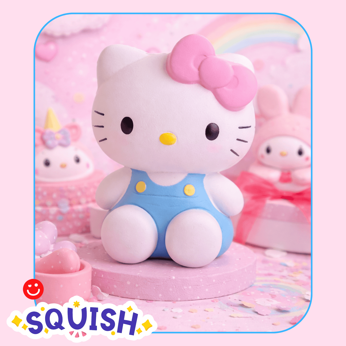 Hello Kitty squishy toy in blue overalls standing on display - Overrated Korean Beauty & More