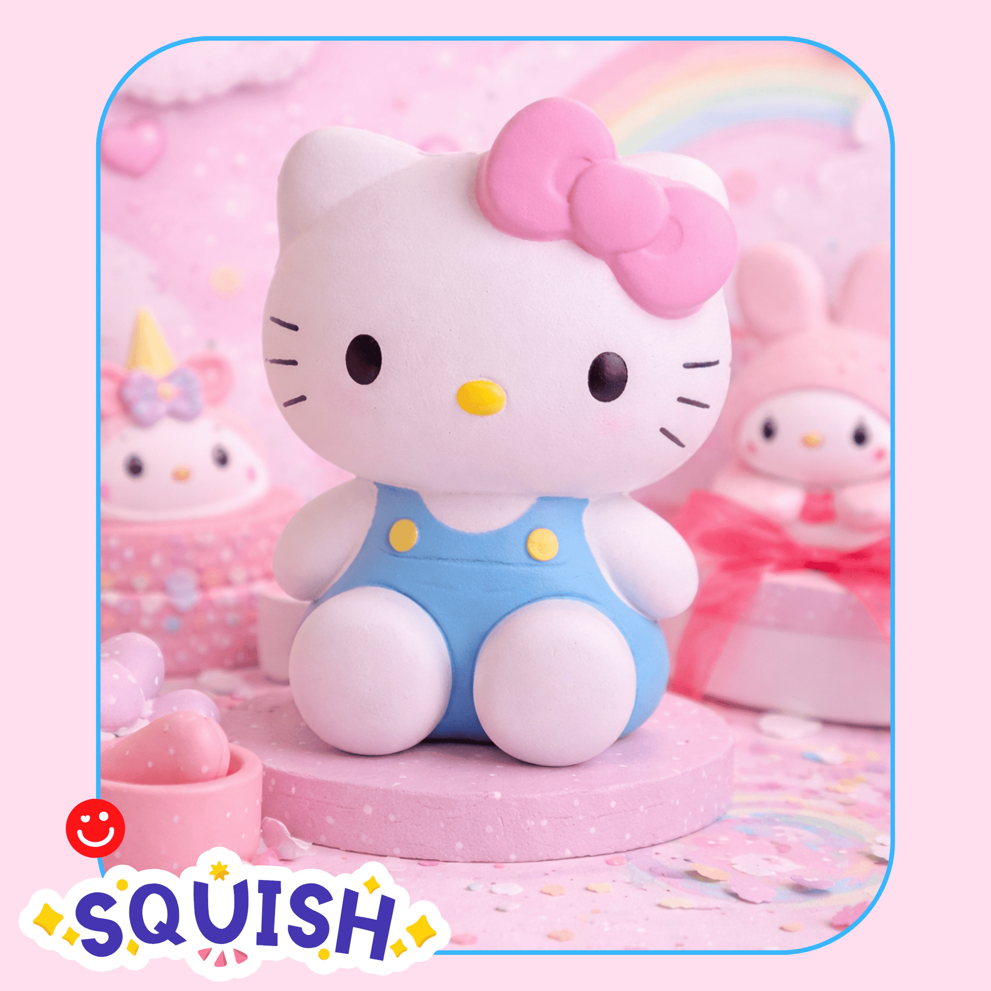 Hello Kitty squishy toy in blue overalls standing on display - Overrated Korean Beauty & More