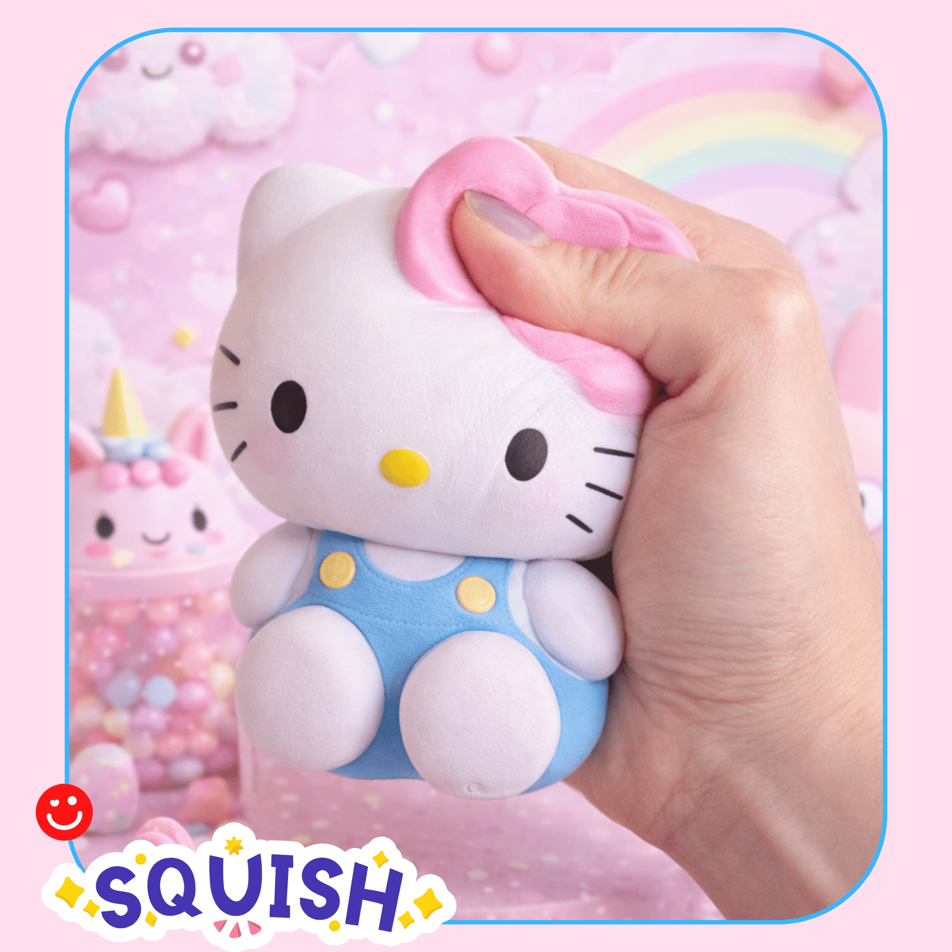 Hello Kitty squishy toy being held in hand showing soft texture - Overrated Korean Beauty & More