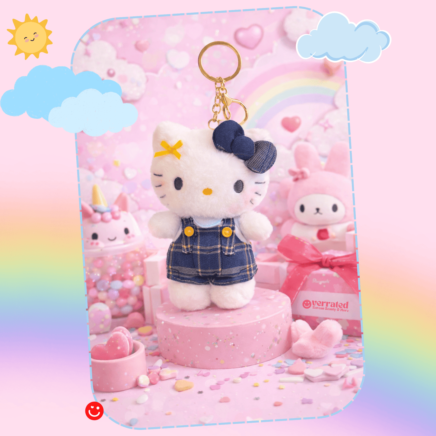Sanrio Hello Kitty Plaid Overalls Plush Keychain - OVERRATED