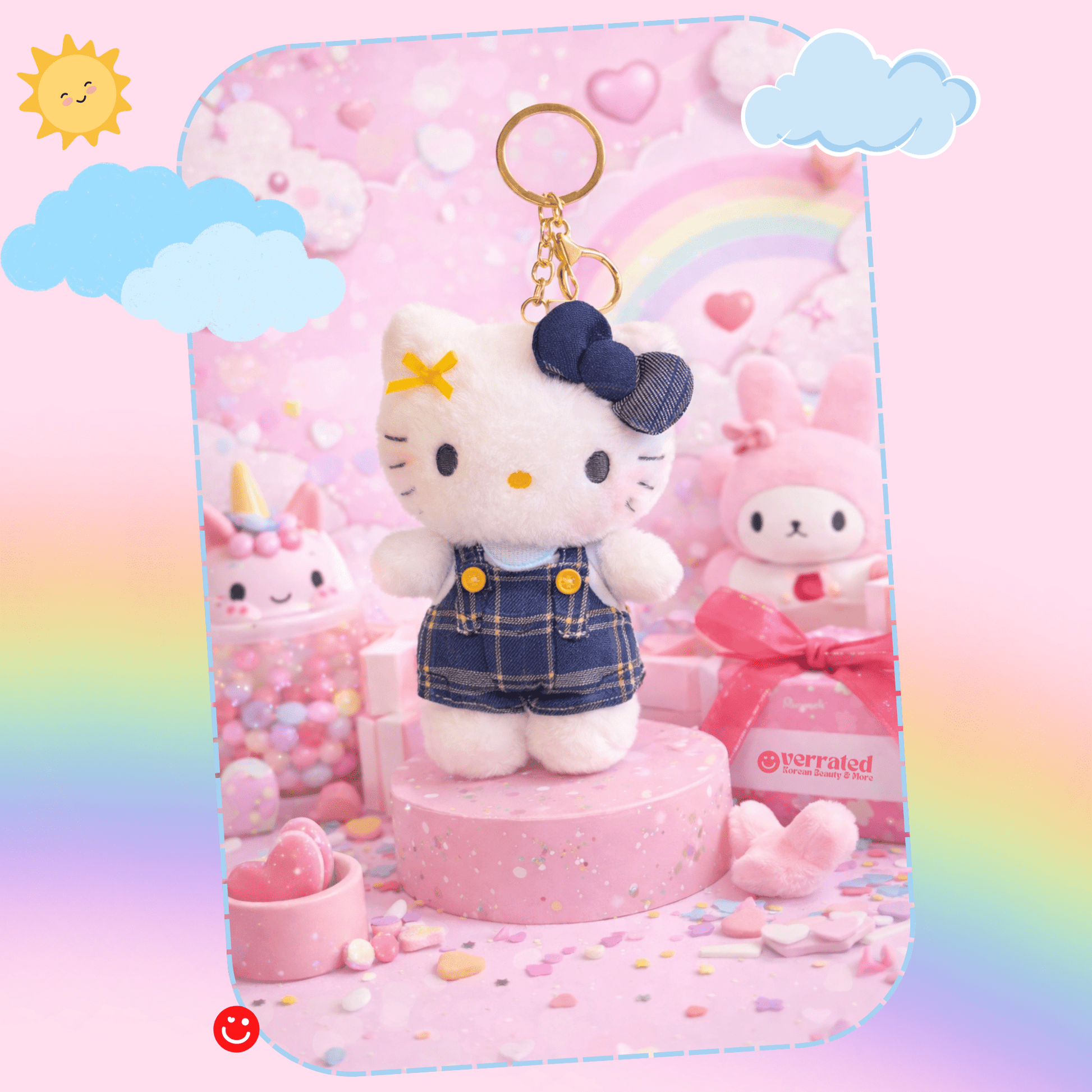 Sanrio Hello Kitty Plaid Overalls Plush Keychain - OVERRATED