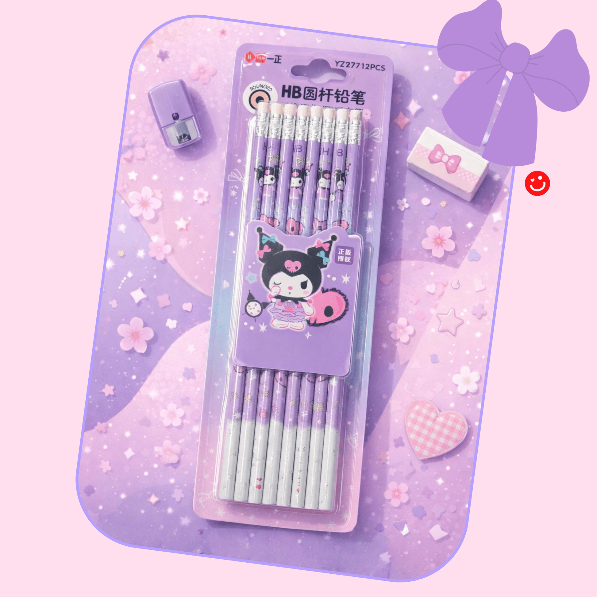 Kuromi HB wooden pencil set Sanrio character design front view - Overrated Korean Beauty & More