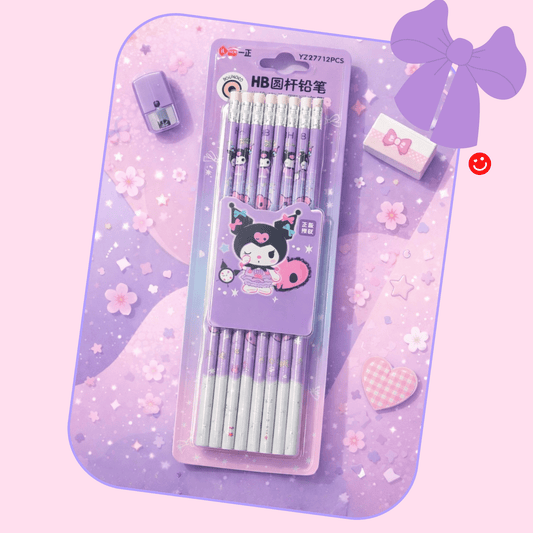 Kuromi HB wooden pencil set Sanrio character design front view - Overrated Korean Beauty & More