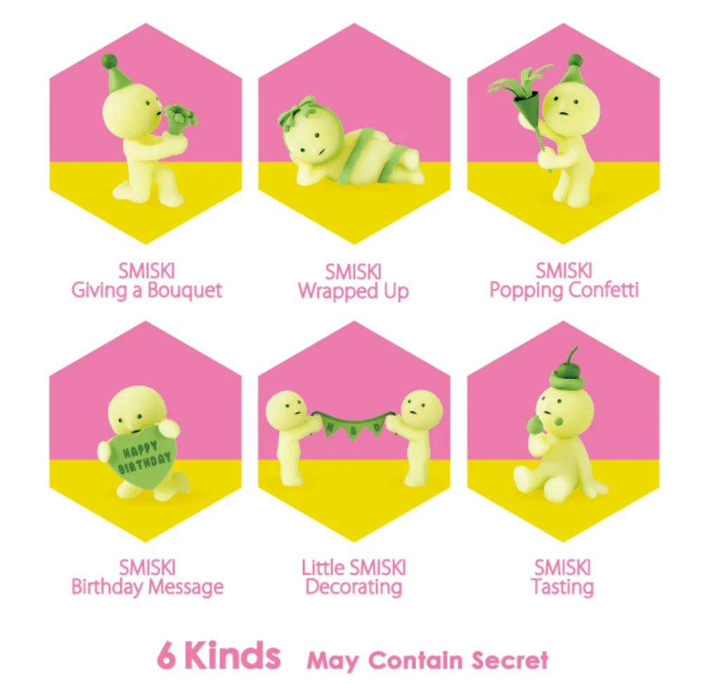 Smiski blind box Birthday Series all six collectible figure designs displayed - Overrated Korean Beauty & More