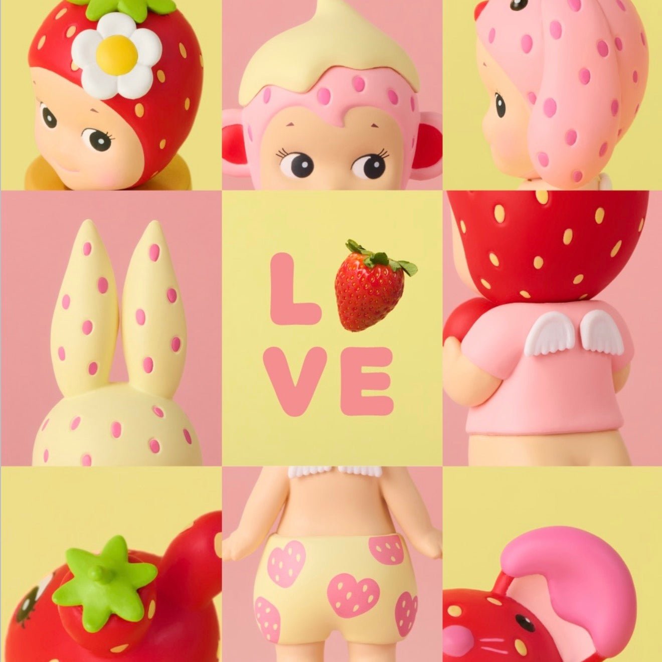 Sonny Angel Strawberry Love Series figures group display shelf - Overrated Korean Beauty
