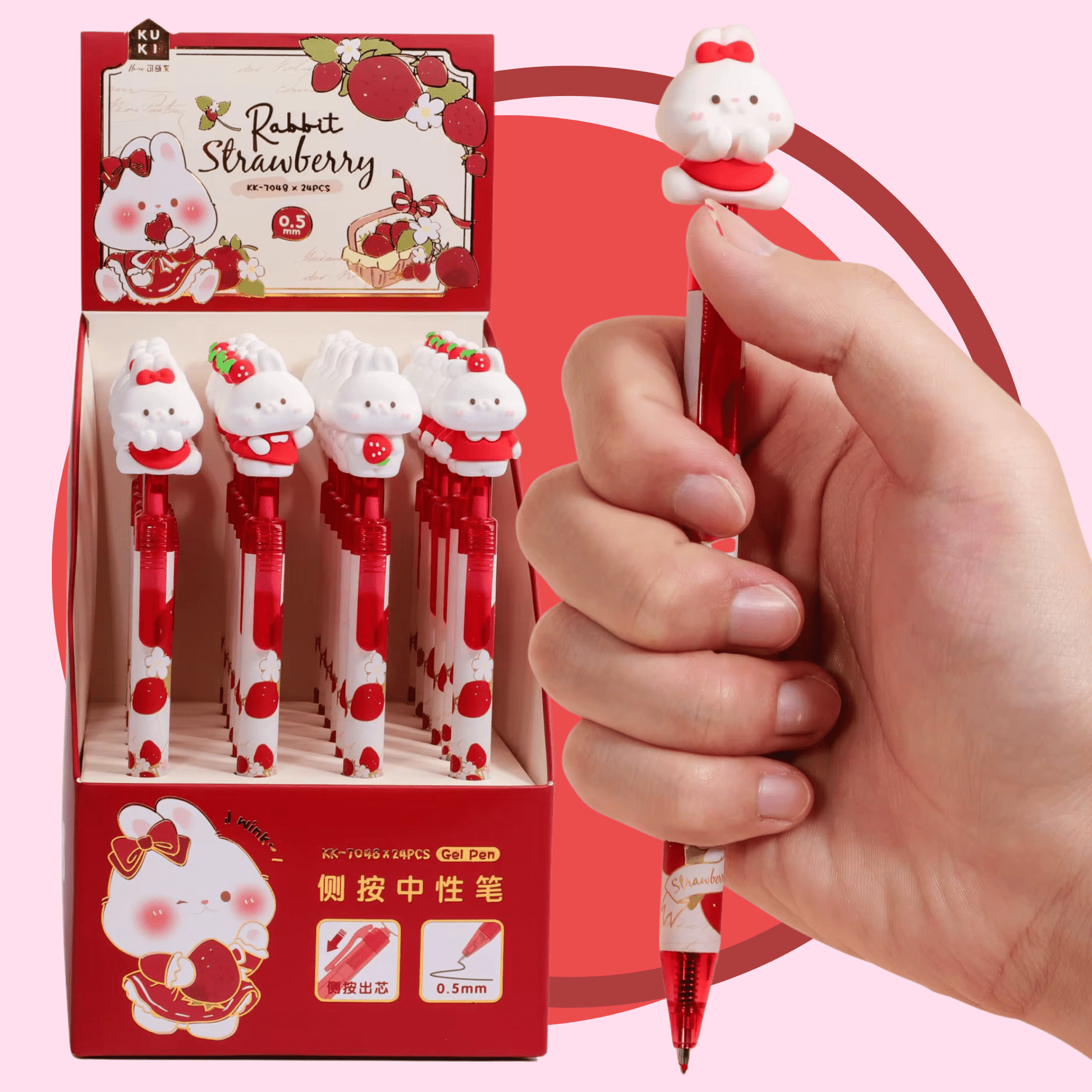 Kawaii gel pen with strawberry bunny design side-press click - Overrated Korean Beauty & More